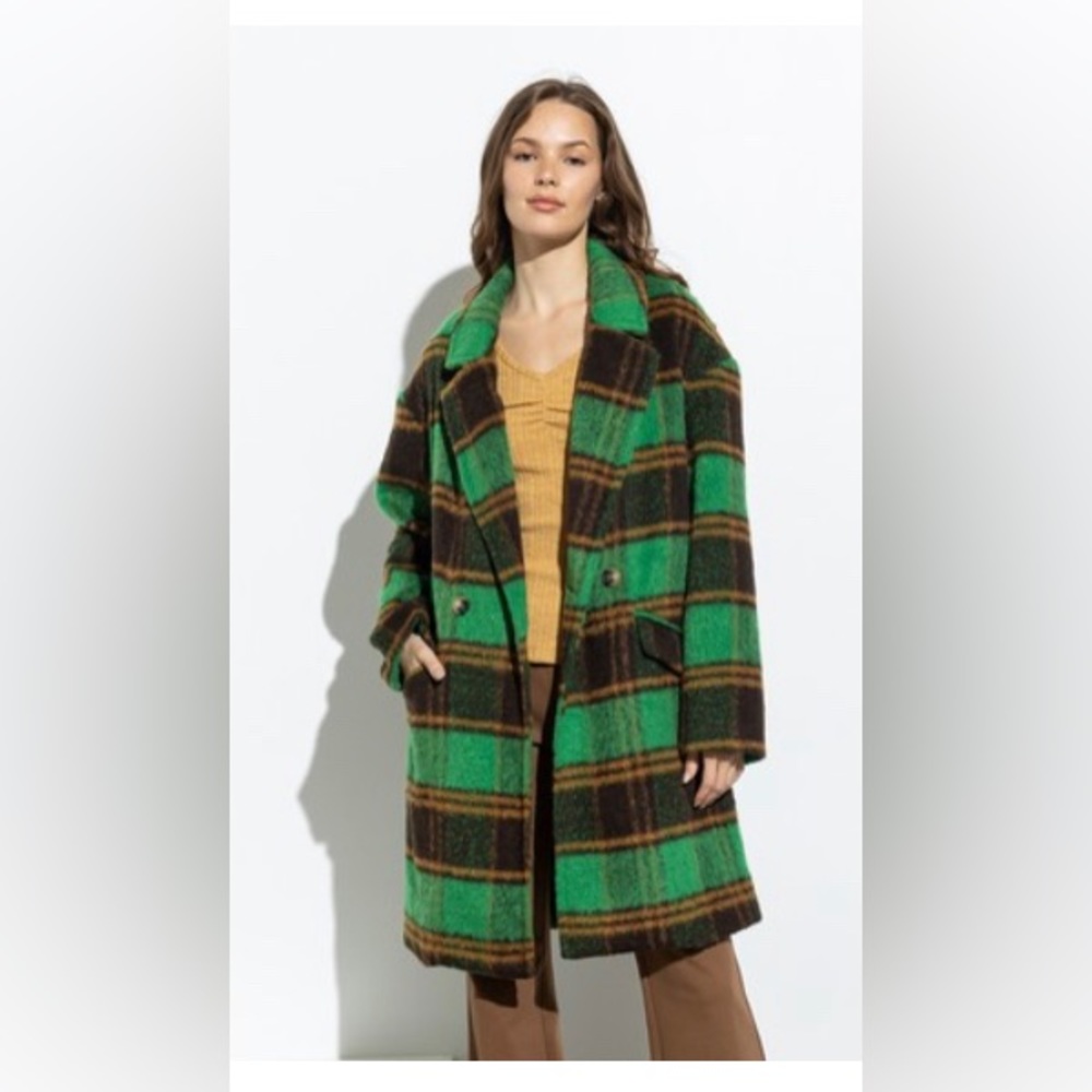 Green Plaid Long Button Down Coat, NWT